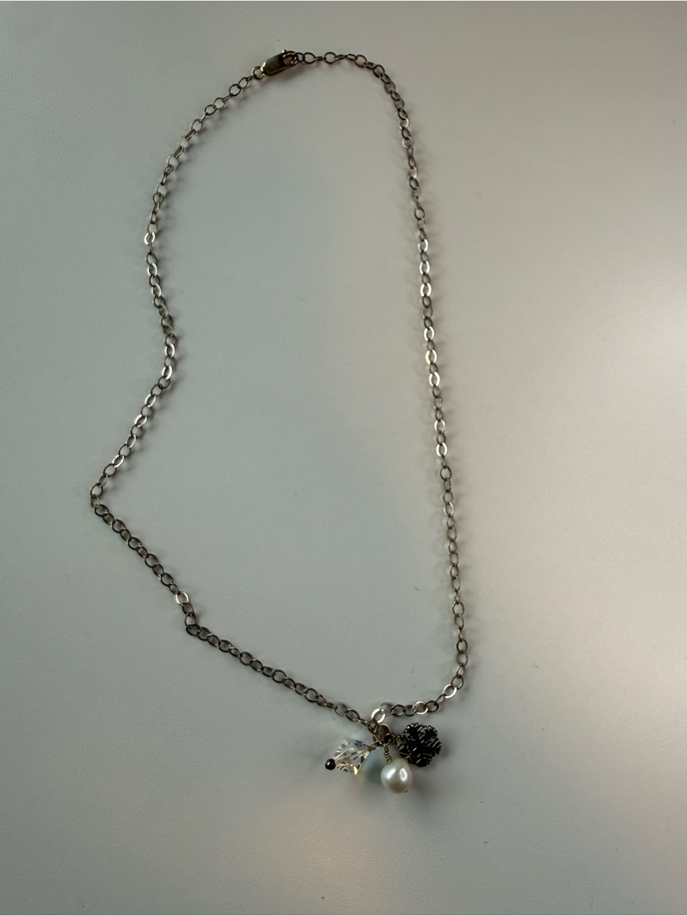 Silver Pendant Charm Necklace with Pearl and Crystal and Snowflake